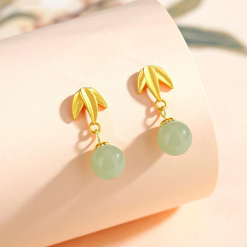 Tichiya Hetian Jade Bamboo Leaf S925 Sterling Silver Earrings - Elegant National Style for Women 925 Sterling Silver