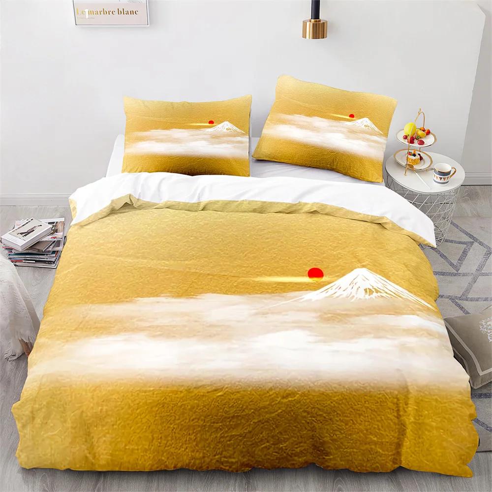 უკიიო-ე იაპონური სტილის საბნის პირსაცმის ნაკრები პოლიესტერის საწოლის თეთრეულის ნაკრები საკურას ყვავილებით, თოვლიანი მთით, საბნის პირი, მეფის, დედოფლის, სრული ზომა