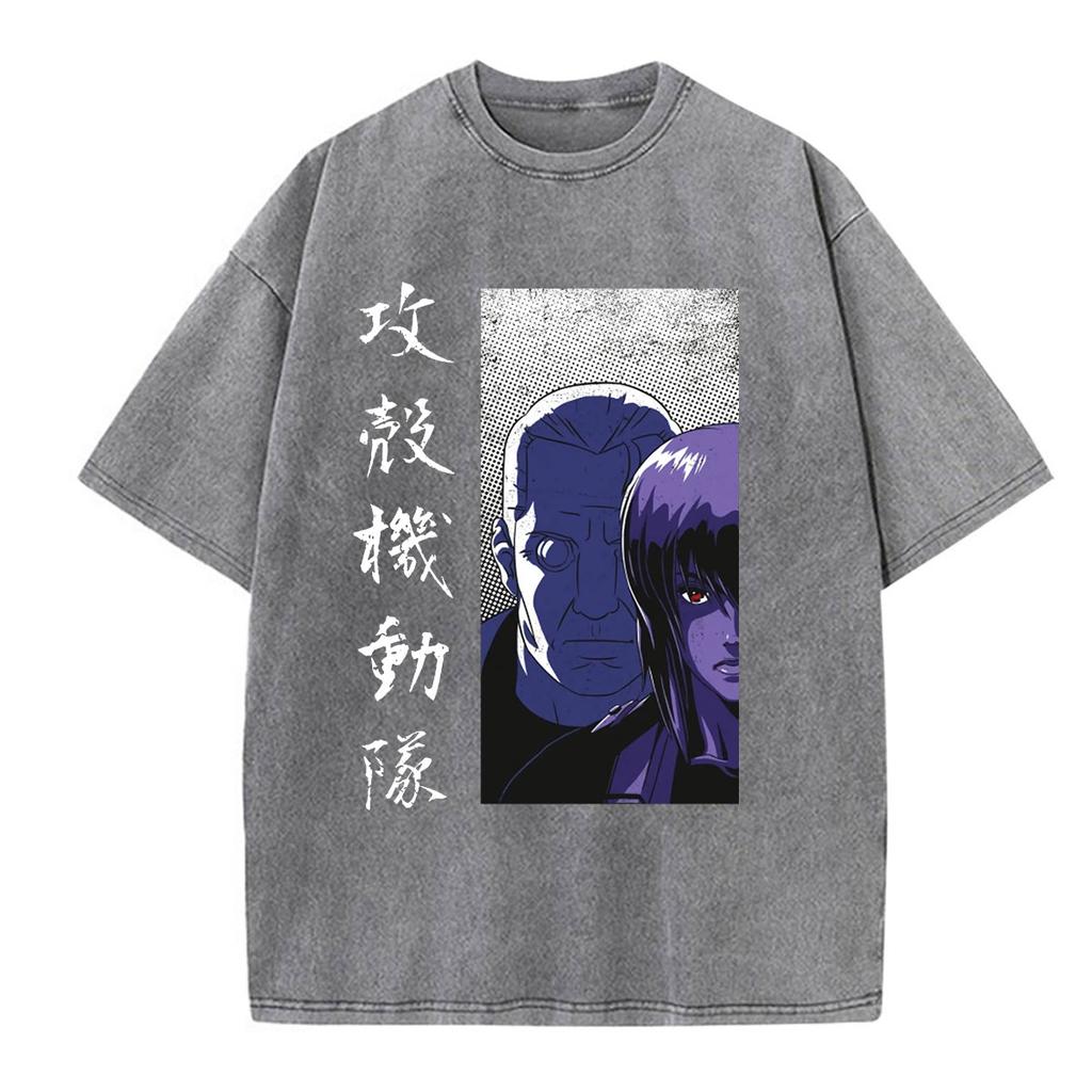 Anime Ghost In The Shell Motoko Kusanagi Vintage Washed T Shirts Men Women Clothing Casual Short Sleeve Oversized Tshirts Tops