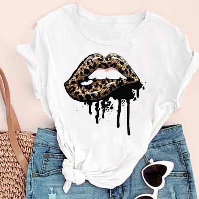 Camiseta Feminina Harajuku Lábios Leopardo Camiseta Femme Manga Curta Desenho Animado Fofa Camisetas Camisa Anos 90 Meninas Camisetas Gráficas Camiseta Feminina Tops