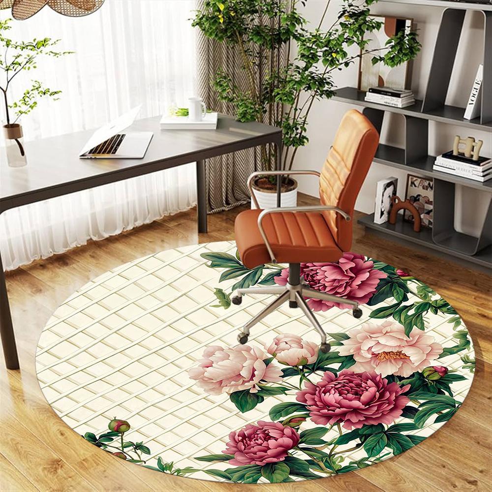 1PC Peony Lattice Office Round Area Rug, Under Office Chairs Bedroom Living Room Home Decor, Carpet for Office -1110108