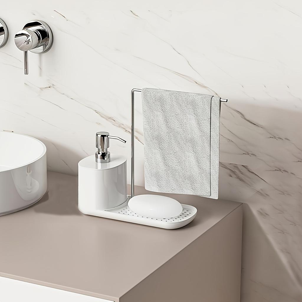 1pc 2-in-1 Compact Kitchen Organizer with Manual Soap Dispenser and Stainless Steel Cloth Holder - Sleek White Countertop Storage Solution