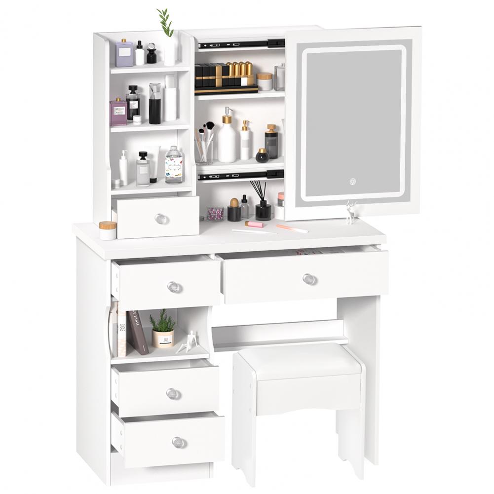 Vanity Desk with LED Lighted Mirror Bedroom Dressing Table Makeup Desk with Stool 5 Drawers Open Shelves Hidden Storage Space