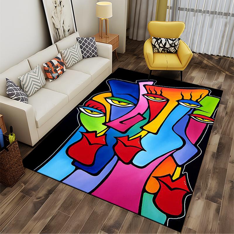 Abstract Multicolor Faces Art Rug - Non-slip rug suitable for living room and bedroom sofas.