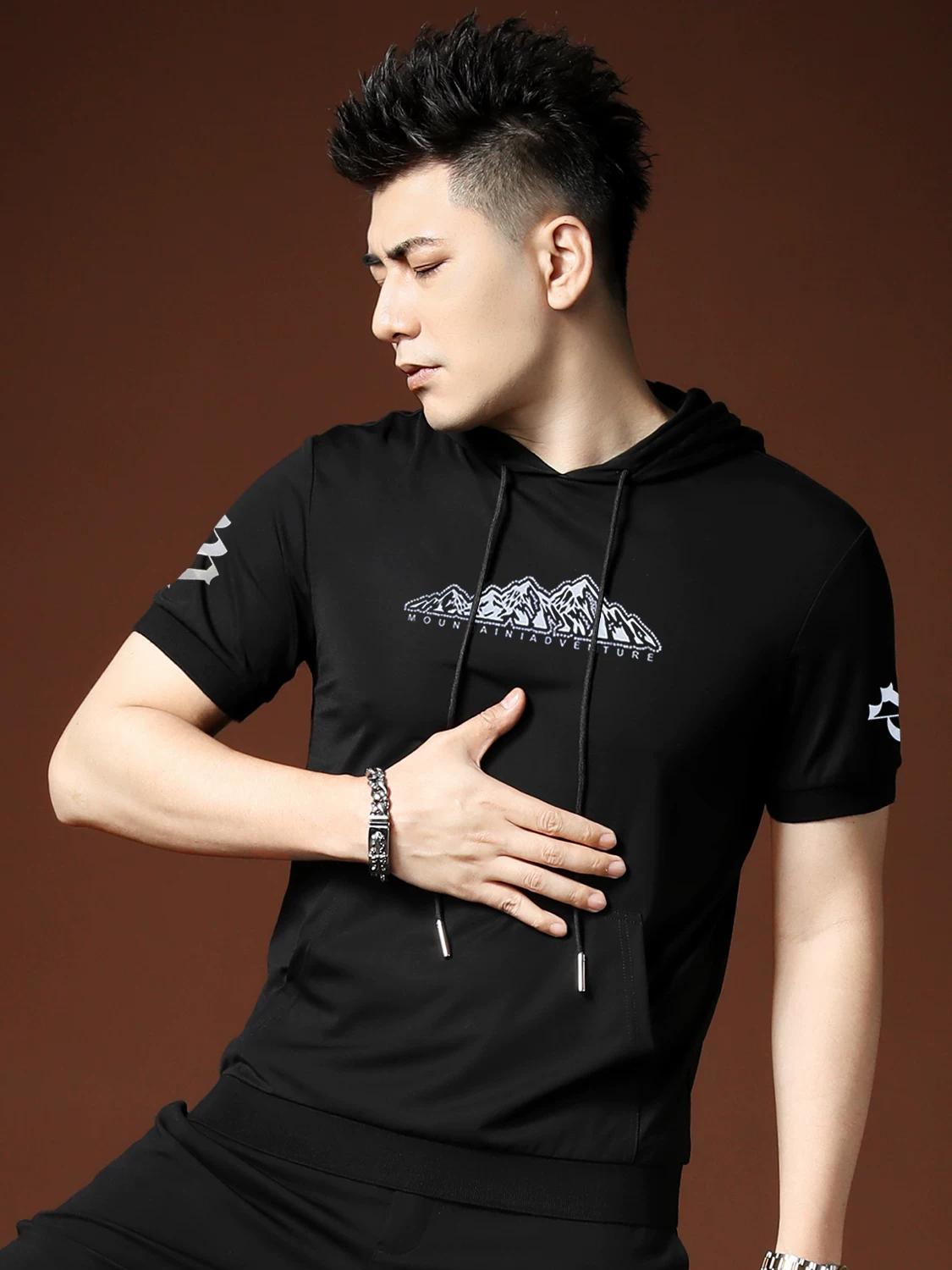 

European High-End Hooded Short-Sleeved T-Shirt Men s Trendy Brand Summer 2025 New Letter Printed Half-Sleeved Men s T-Shirt 4XL чёрный