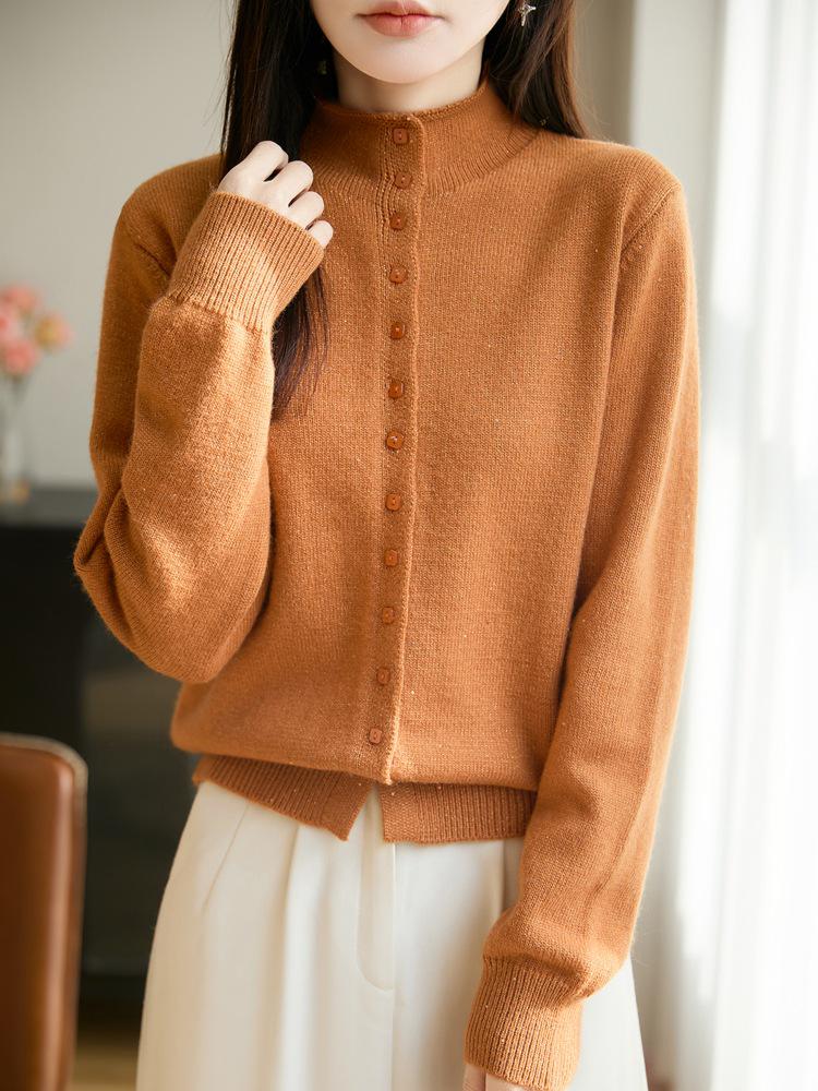 Women's Stand Collar Knit Cardigan with Sequin Yarn and Buttons - Long Sleeve, Versatile, Casual Loose-Fit Sweater Top