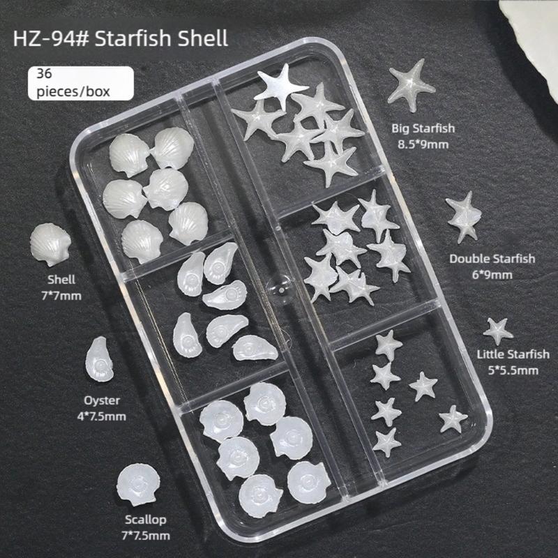1Box/36pcs Shimmering Pearls White Resin Nail Charms Starfish And Shell Decorations For Party Wedding Nail Art Designs