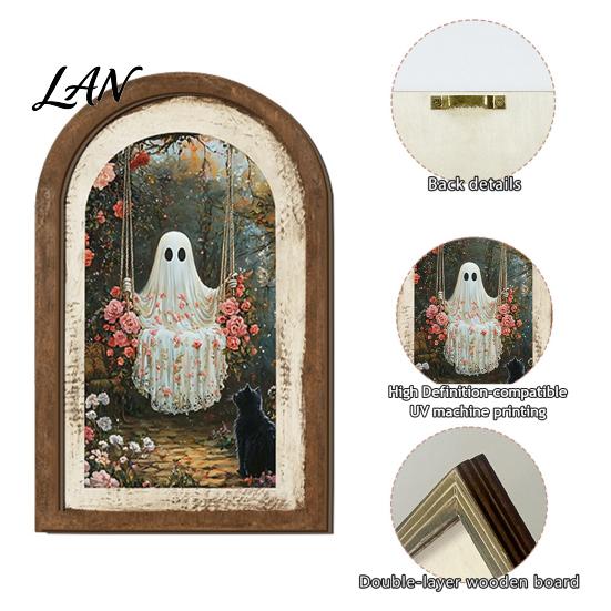 Halloween Entrance Cabinet Decor Ghost/Witch Arched Wall Decor, Cute Ghost Table Sign, Rustic Farmhouse Shelf Retro Room Decorative Hanging