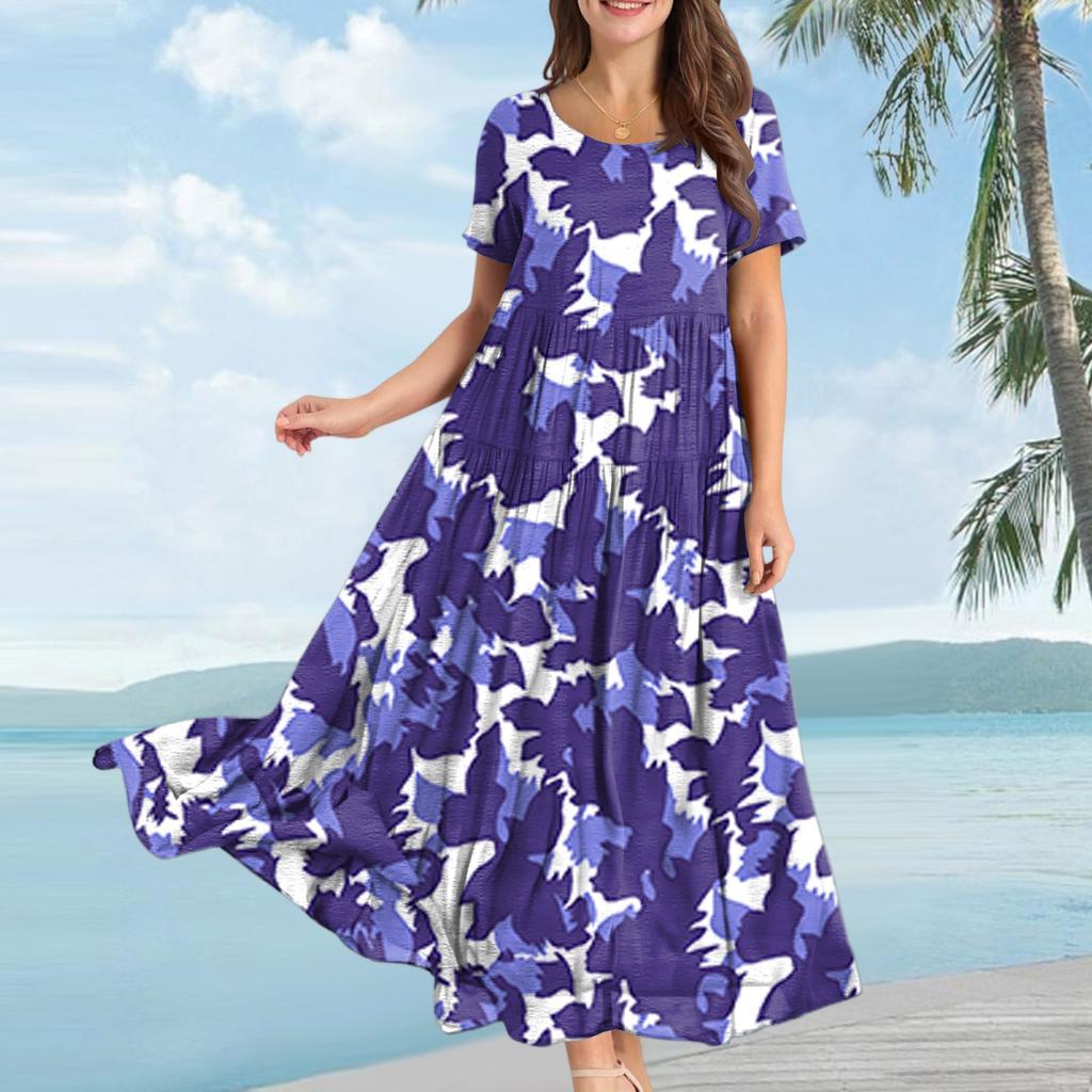 Women Casual Loose Bohemian Floral Dress Short Sleeve Long Maxi Summer Beach Swing Dress