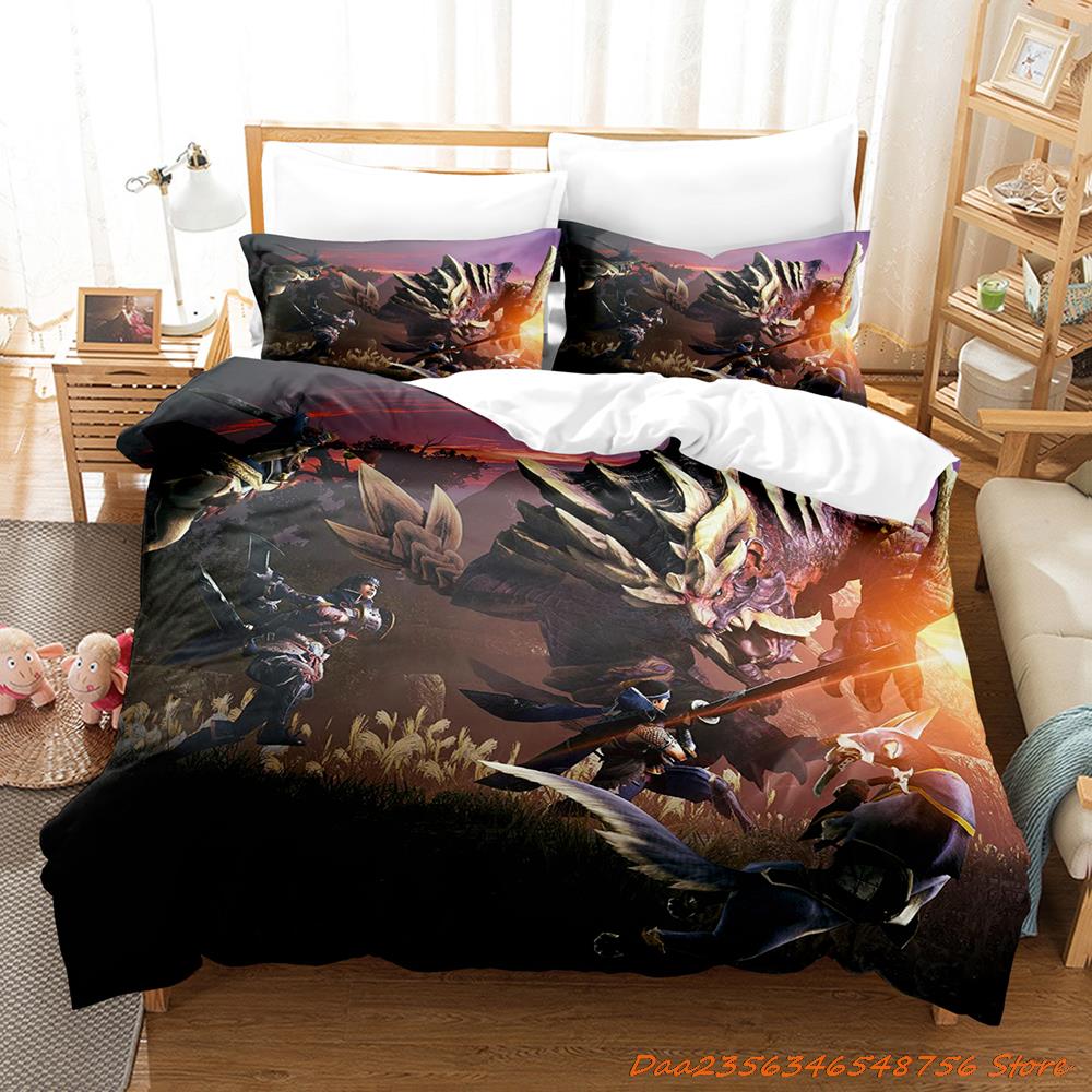 Comforter Personelity Monster Hunter Rise Bedding Set Cartoon Anime Three-Piece Set Adult Kid Bedroom Three-Piece Suits 3D Game Monst