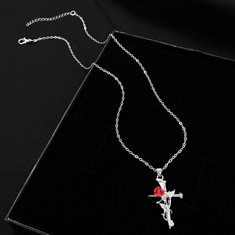 Alloy Rose Crucifix Pendant Necklace For Everyday Wear Religious Symbol Jewelry Gift With Adjustable Chain Design