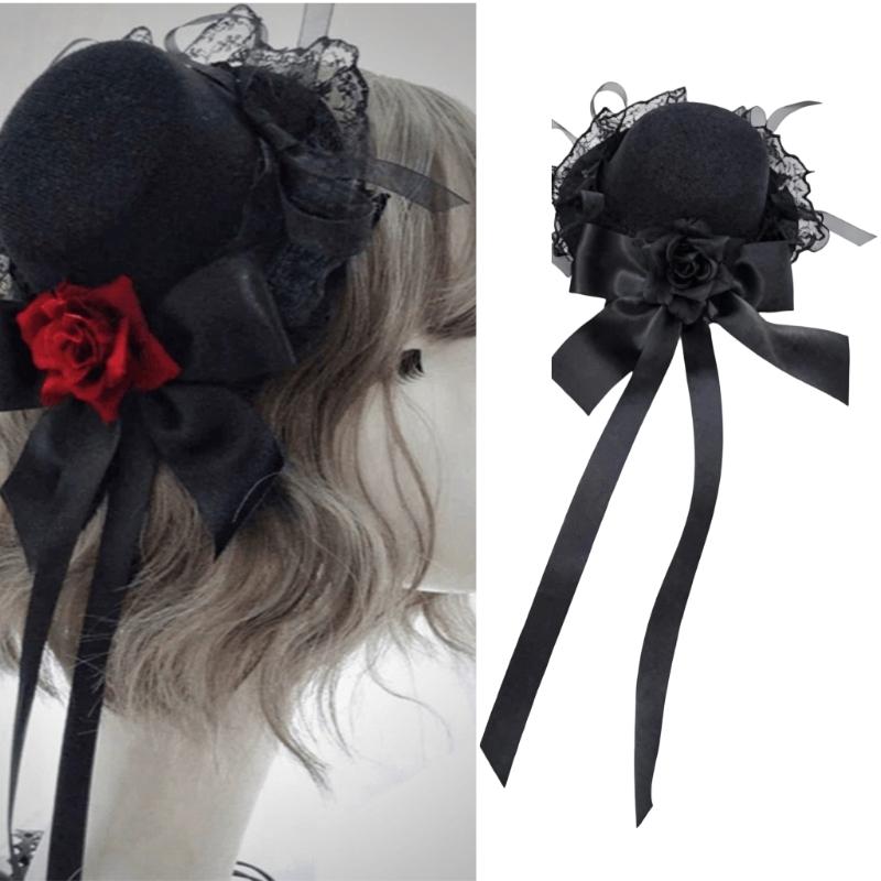 Punk Rose Flower Hairpin With Lace Hat Design Cosplay Costume Hair Clip For Teens Adult Theme Occasion Photography Wear