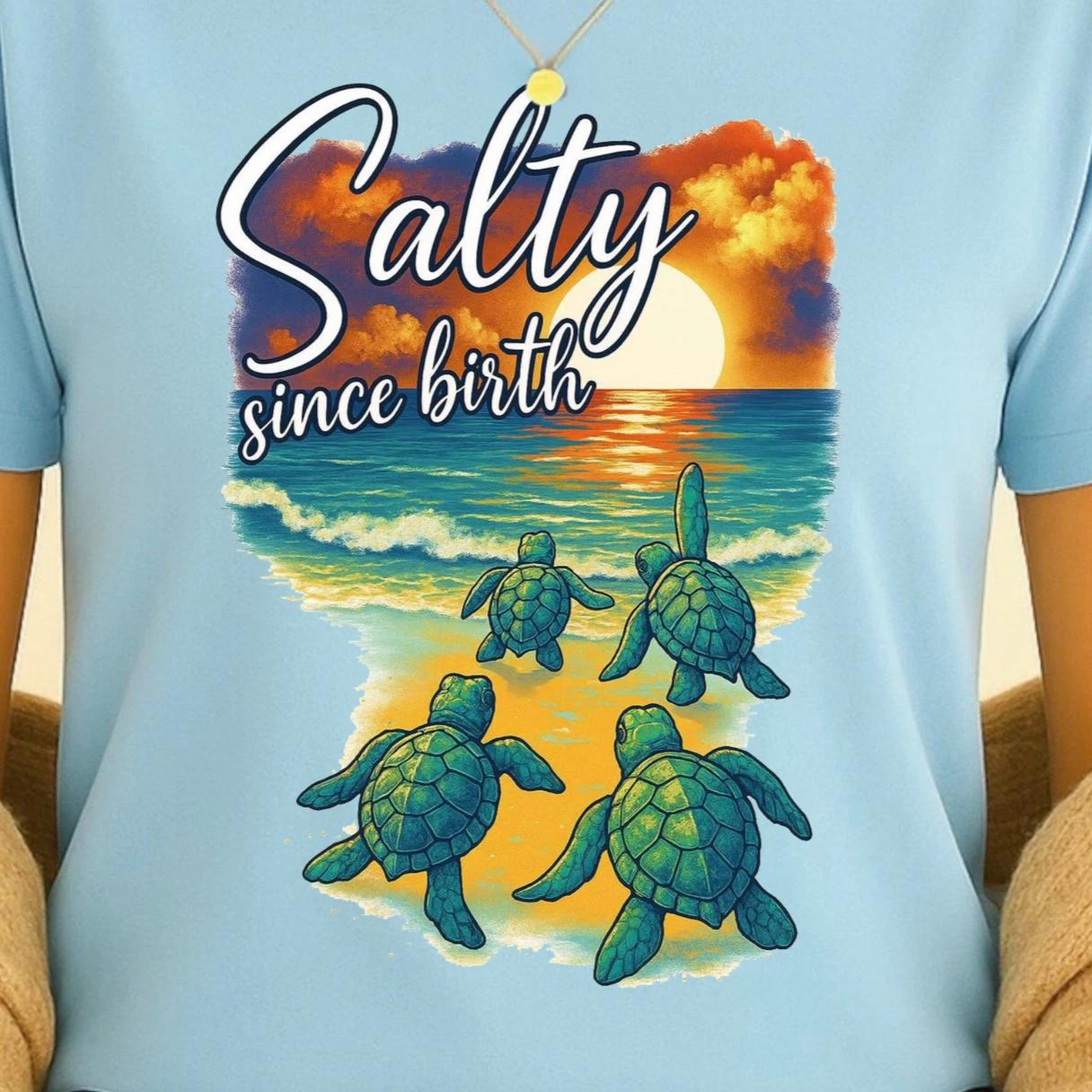 Sea Turtle Sunset Salty Since Birth T-shirt | Beach Turtle Shirt, Ocean Life Tee M