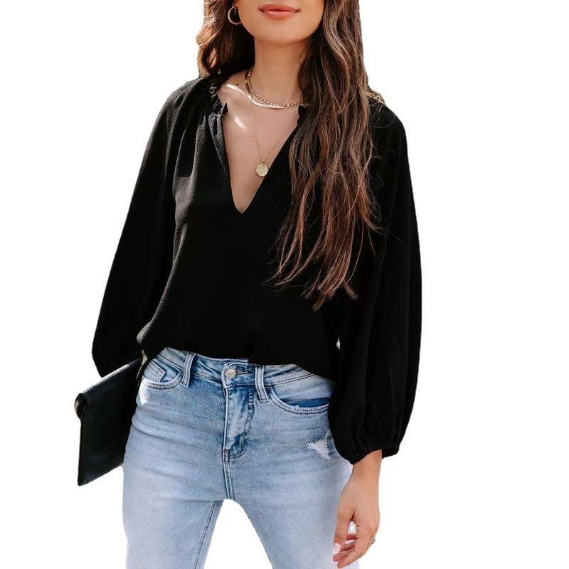 Fall Fashion New Arrival Plus Size Women's Clothing V Neck Solid Color Commute Ol Fashion Loose Raglan Long Sleeve Shirt Top Women