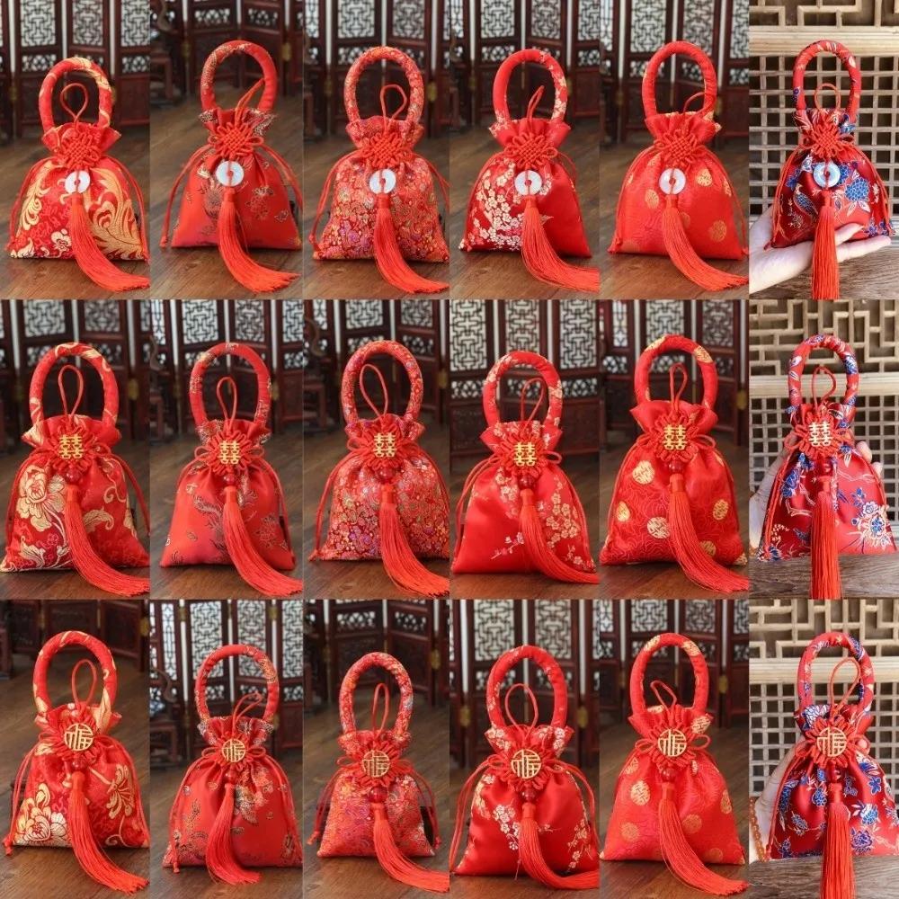 Chinese Style Canvas Flower Drawstring Bag Dragon Bird Festive Sugar Bag Phoenix Korean Style New Year Bucket Bag Wedding