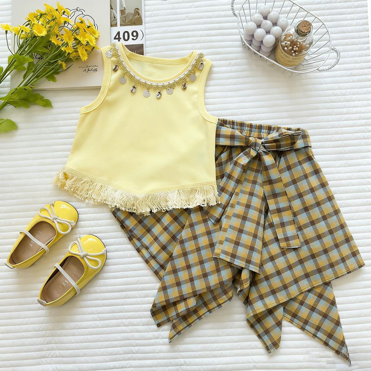 Girls Summer Sleeveless Fringe Top And Plaid Irregular Skort Set Baby Fashion Two Piece Outfit 90cm