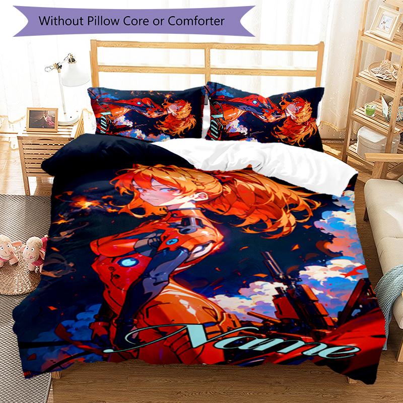3pcs Custom Name Asuka Langley Soryu Bedding Set Duvet Cover Closure Includes 1 Duvet Cover & 2 Pillowcases for All Seasons Bedroom Decor