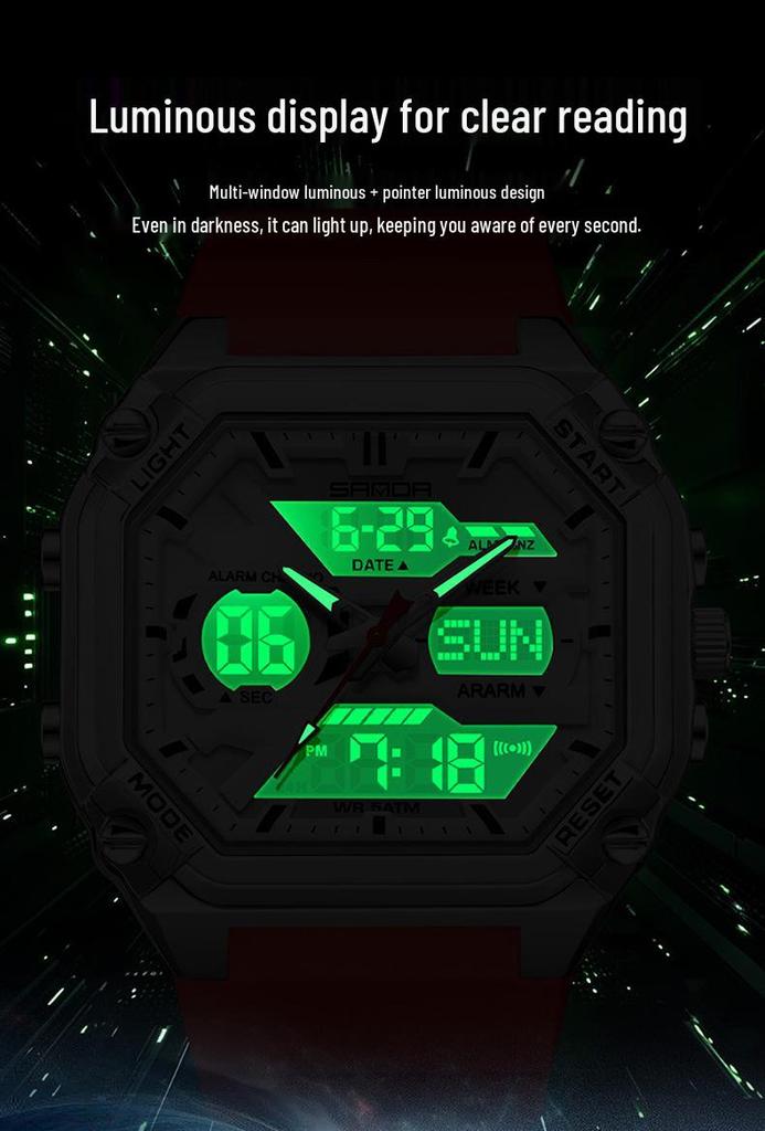 Sanda Men's Multifunctional Waterproof Electronic Watch - Trendy Timer with Dual Display & Three-Time Zone Outdoor Alarm.