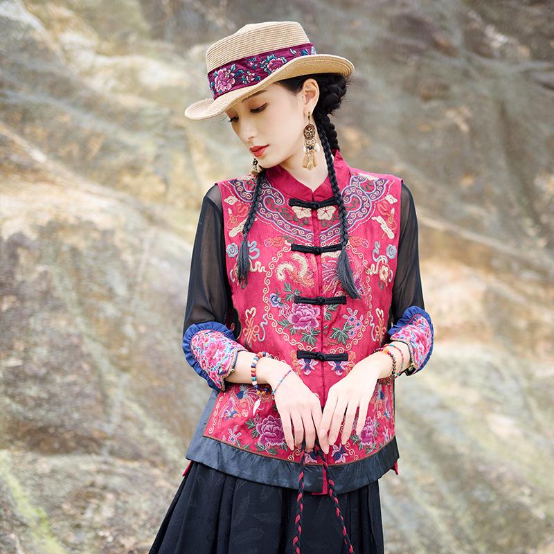 

Женский этнический жилет с вышивкой, воротником-стойкой - Свободный крой, Дизайн в стиле колор-блок Double Extra Large красный