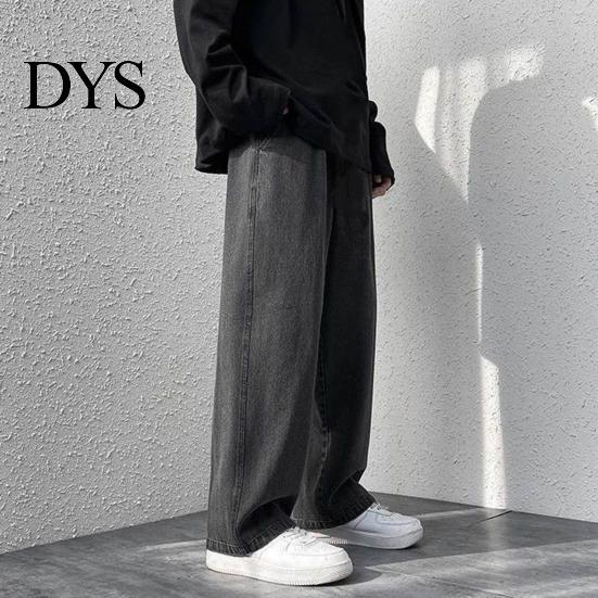Strong Denim Fabric Overalls Men Jeans Wide Leg Pants Baggy Trouser Fashion Loose Retro Straight Solid-color Waist Button Long Washed Blend