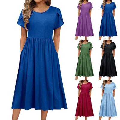 Women's Casual Solid Color Round Neck Petal Short Sleeved Pocket Elastic Waist Dress
