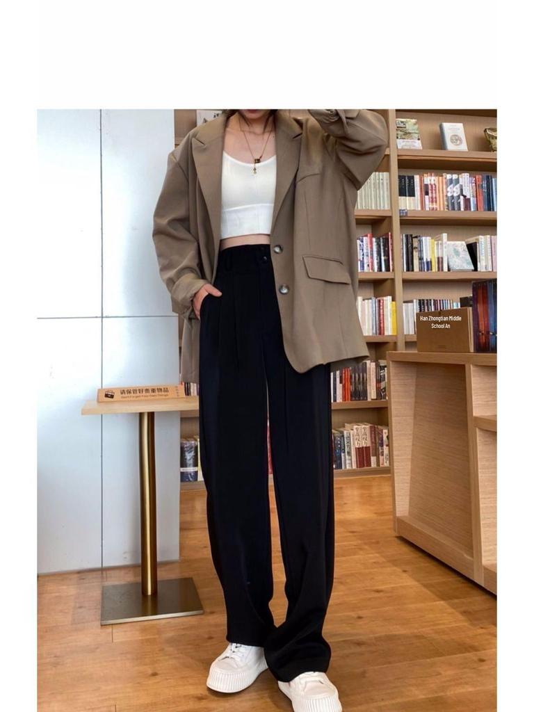 Versatile Gray High-Waist Loose Wide-Leg Suit Pants