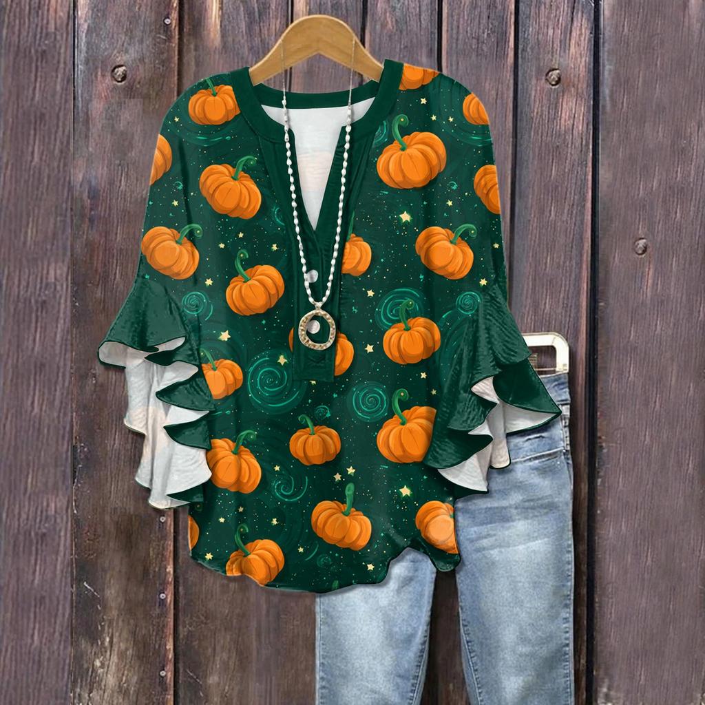 Women's V-neck Seven Quarter Sleeved Shirt Halloween Printed Top Casual Shirt