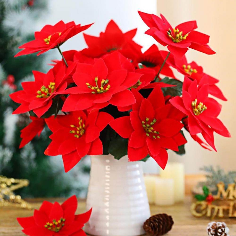 Faux Poinsettia Stems Flowers 13 Inch Artificial Poinsettia Flower Bouquet With 5/7 Heads Faux Silk Christmas Floral Arrangement