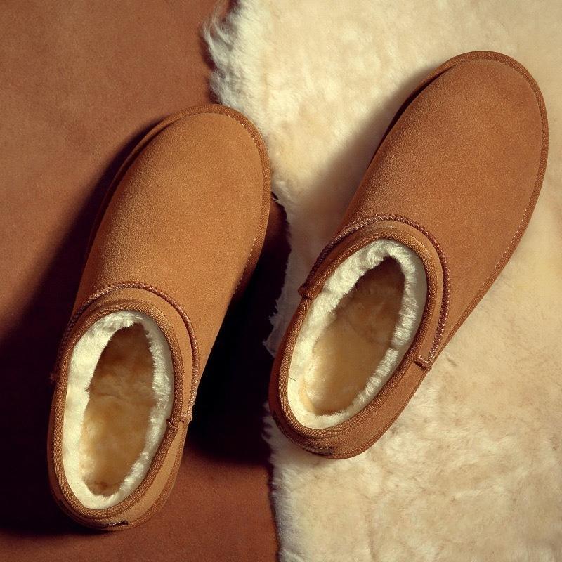 Winter Men's Platform Snow Boots Solid Color Indoor Slippers Cow Suede Leather Outdoor Comfy Sheep Fur Lined Short Ankle Boots