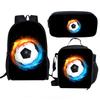 Klassisch Beliebt Lustig Fußball 3D Gedruckt 3 Stück/Set Schüler Schultaschen Laptop Tagesrucksack Rucksack Umhängetasche Brottasche Federmäppchen