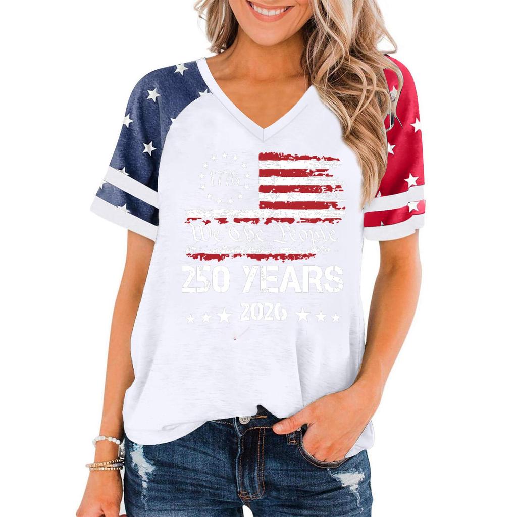 Women's Casual V Neck Short Sleeve Pullover T Shirt Independence Day Graphic Print Top 250 Years Commemorative Design 2026