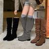 Soft! Round head thick heel women's boots women's but knee gray knight boots women's pile boots cow flip versatile medium heel tide