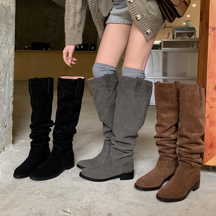 Soft! Round head thick heel women's boots women's but knee gray knight boots women's pile boots cow flip versatile medium heel tide