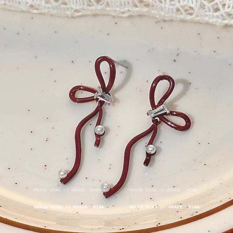 Ankara Red Bow Zircon Pearl Stud Earrings Female Hong Kong Style Retro Fashion Temperament Commuter Versatile Earrings Earrings