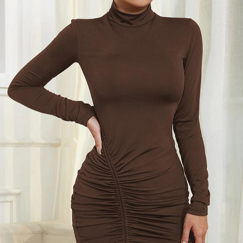 LYRIA Autumn and Winter Basic Mid High Neck Drawstring Dresses Women Simple Daily Commute Short Dresses Elegant Solid Evening Dress