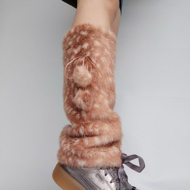 Winter Deer Pattern Leg Warmers Soft Plush Fabric Elastic Comfort Leg Covers Footless Socks For Home Office Activity
