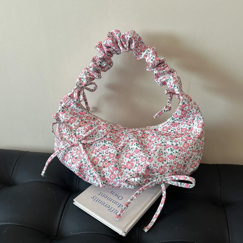 Versatile Girl Bow Canvas Bag Women's 2025 New Summer Cute Floral Hand Pleated Shoulder Armpit Bag