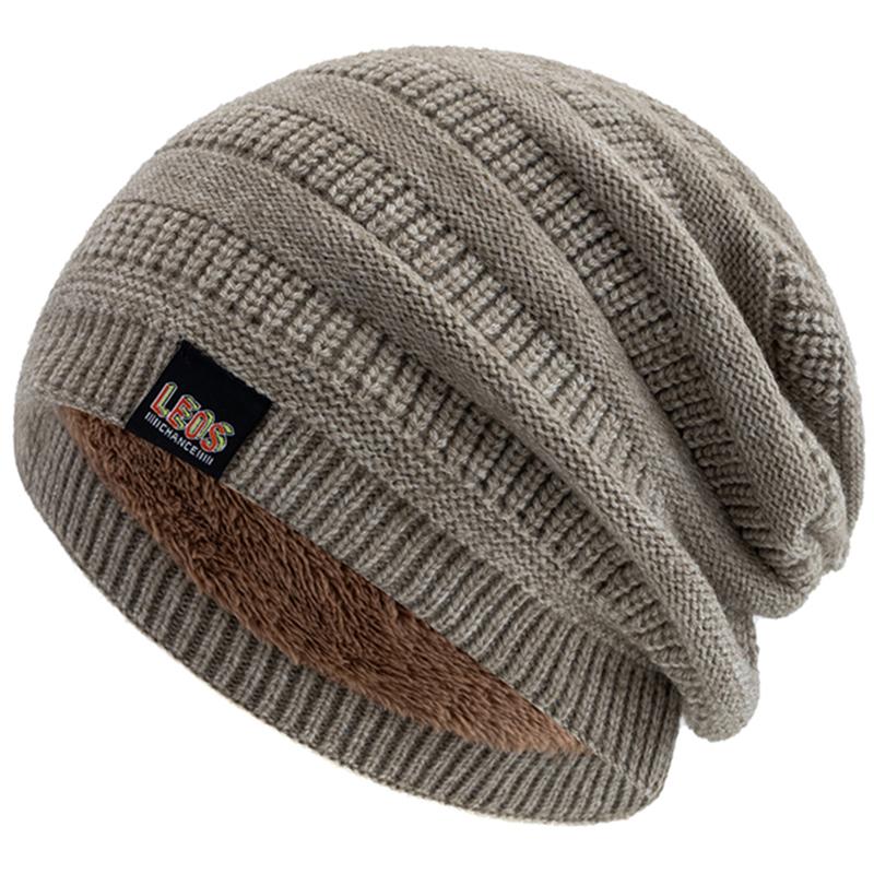 

New Style Unisex Letter Label Warm Hat Stylish Plush Fur Lined Soft Beanie Dandy Hat Thick Winter Hats For Women Men Knitted Hat 56cm-60cm бежевий