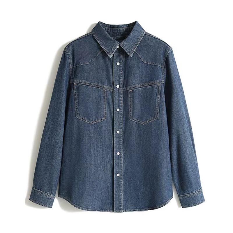 Vintage Hong Kong Style Blue Denim Shirt Women's Spring and Autumn Layering French Top