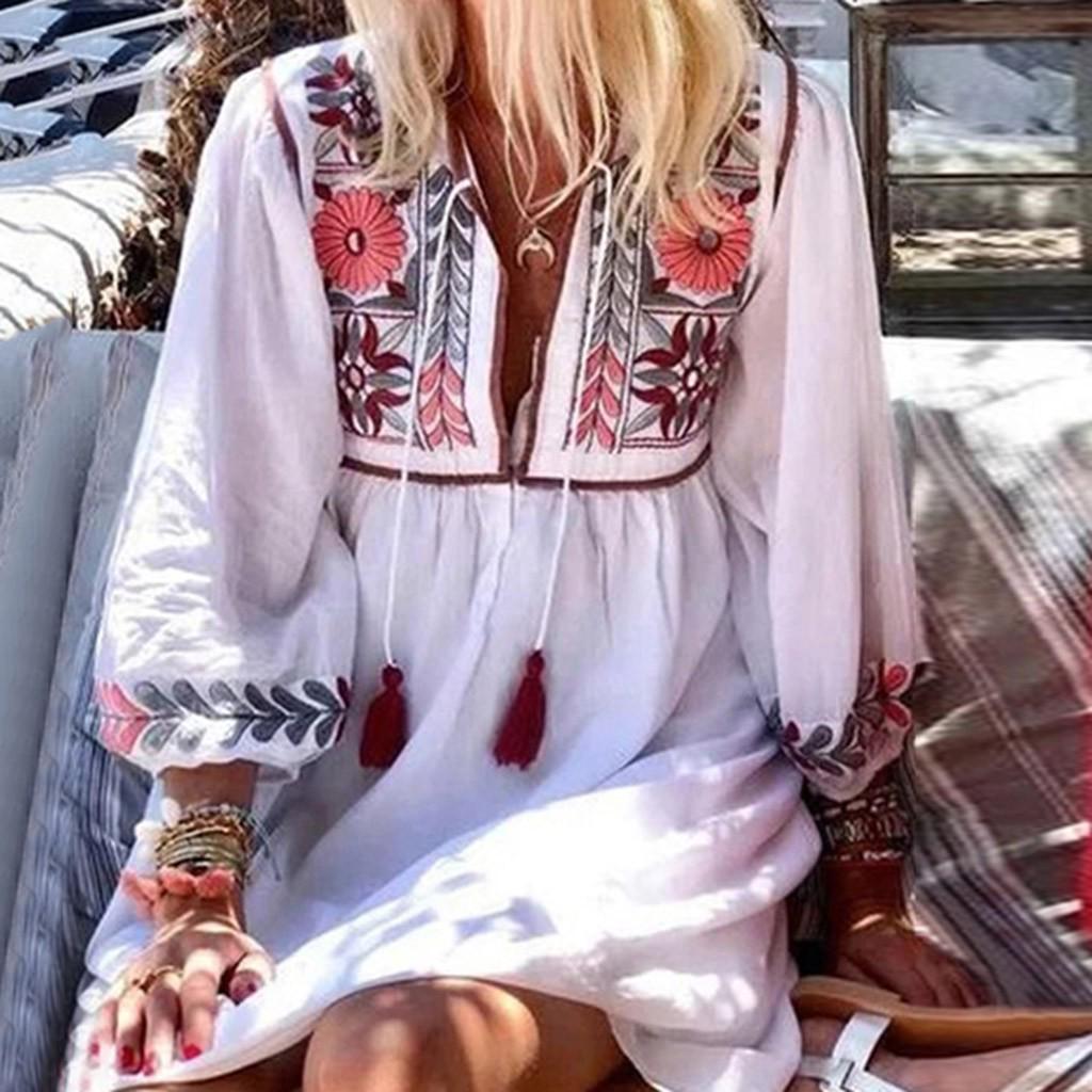 

Женское сексуальное свободное мини-платье с v-образным вырезом и длинным рукавом с принтом