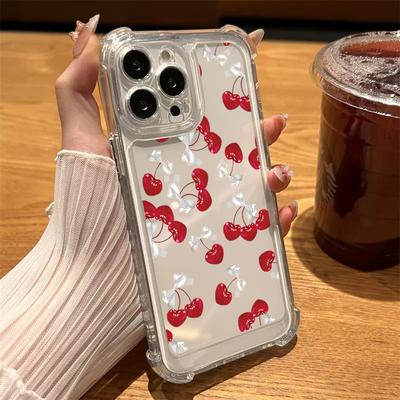 Cute Cherry Bow Transparent Phone Case For iPhone 16 15 14 13 12 11 Pro Max 7 8 16 15 Plus X XR XS Max Silicone Clear Soft Cover