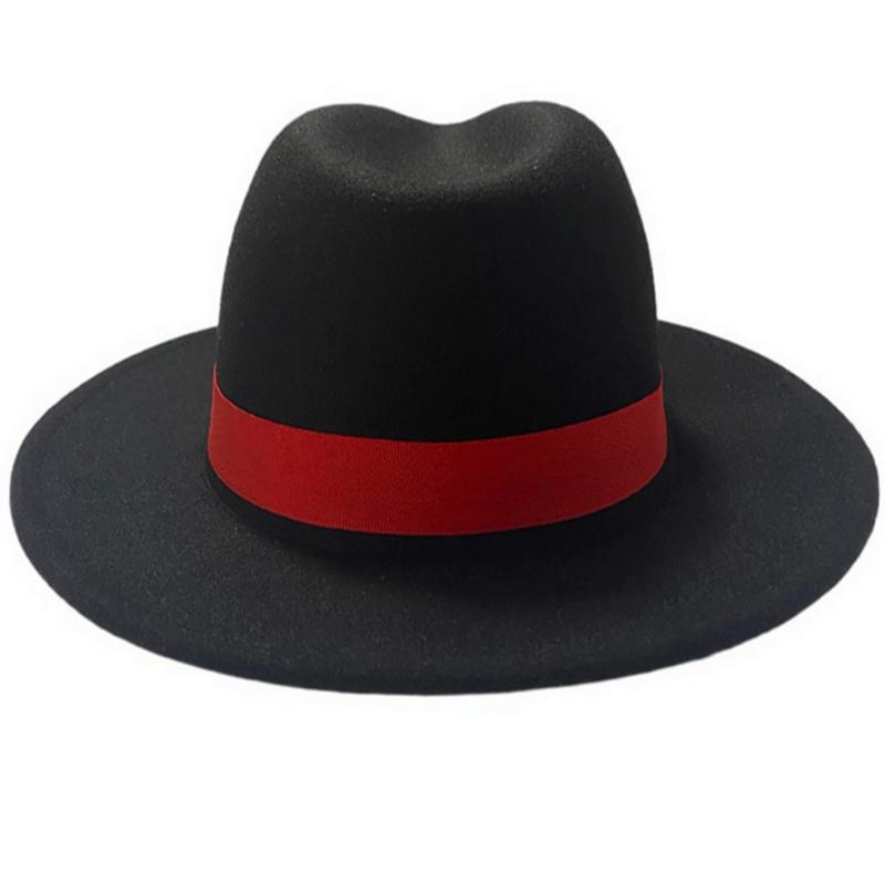 Fashion Outer Black Inner Red Wool Felt Jazz Fedora Hats With Thin Belt Buckle Men Women Wide Brim Panama Trilby Cap 56-58Cm