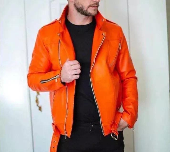 AL KHALID Men's Leather Jacket Orange Genuine Lambskin Leather Jacket Motorcycle