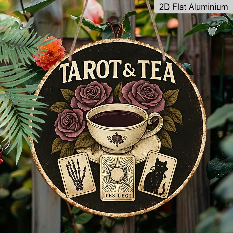 2D Flat, 1pc Round Vintage & Tea Metal Wall Art Sign - 7.87 Inch Aluminum Decor with Roses, Cups, and Symbols, Rustic Black Backgfor Home, Cafe, Bar