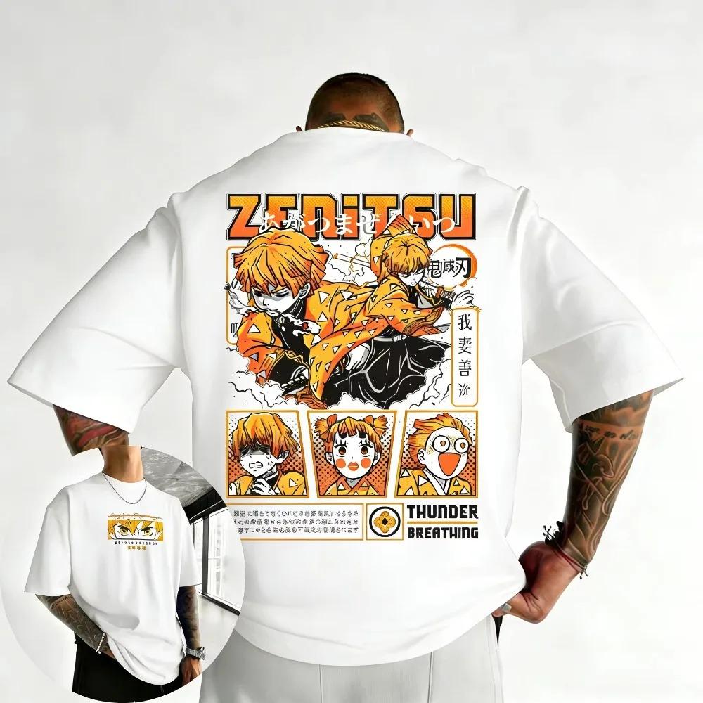 Demon Slayer Zenitsu Agatsuma Thunder Breathing Manga Dual-Sided Oversized T-Shirt Japanese Anime Harajuku Streetwear Unisex Casual White T-shirt