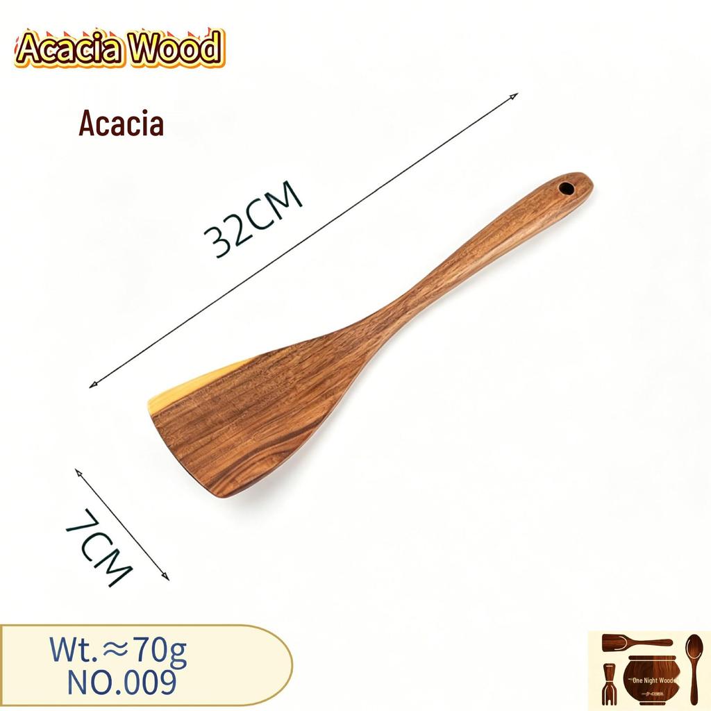 Conjunto de Espátula e Colher de Madeira de Acácia - Colher de Teca Antiaderente e Escorredor de Macarrão