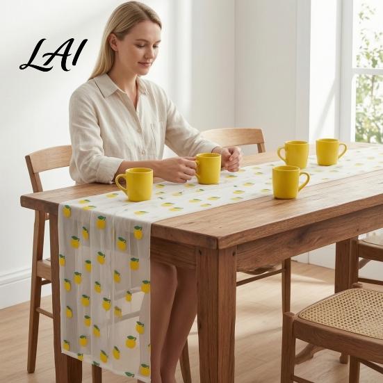 Seasonal Fruit Table Runner Sheer Tulle Lemon Pattern Cherry Runner Strawberry Summer Wedding Reception Tablecloth Overlay