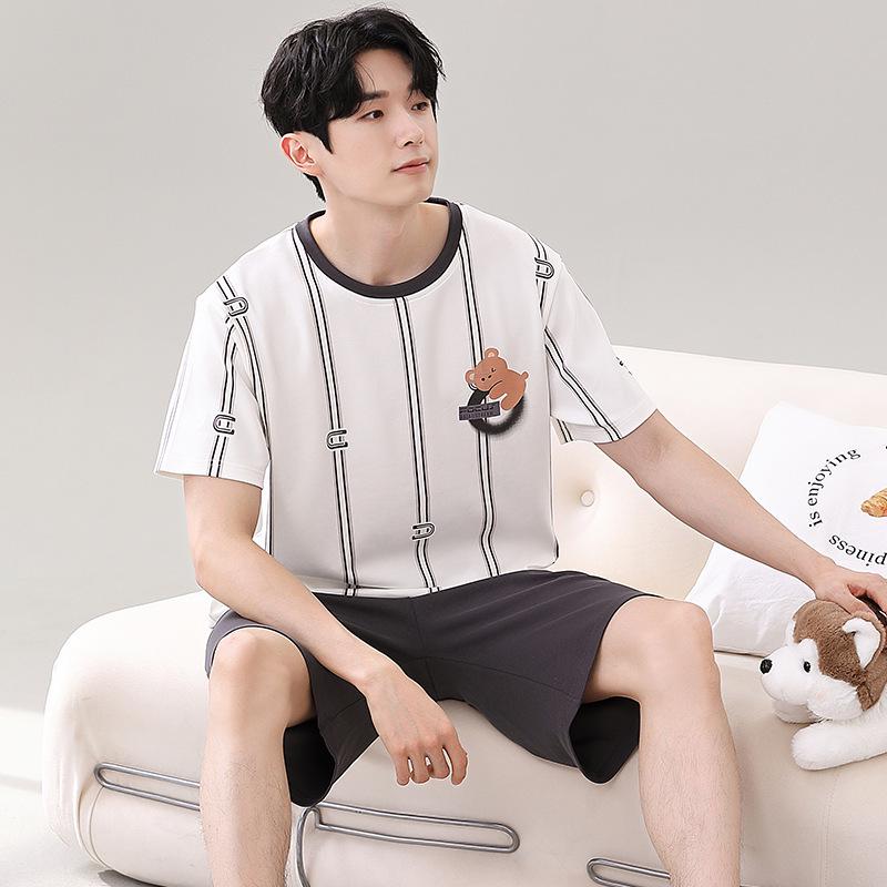 Couple's Summer Cotton Pajama Set: Cute Short Sleeve & Shorts for Women, Wear-Outside Style for Men.