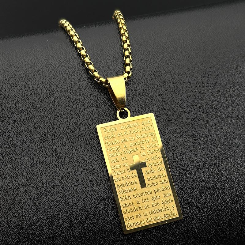 Rectangle Spanish Lord s Prayer Bible Jesus Cross Chain Necklace for Women Men Gold Stainless Steel Christian Jewelry Gift