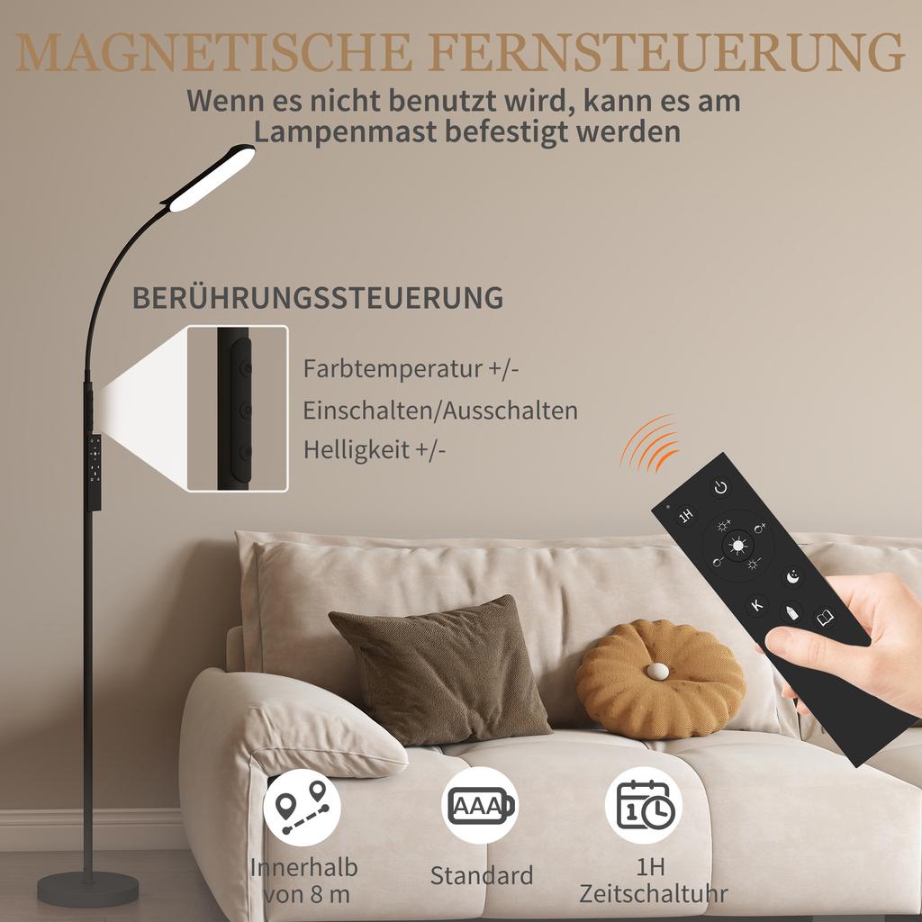 LED Floor Lamp Dimmable, Remote Control, 360 degrees Gooseneck, Black